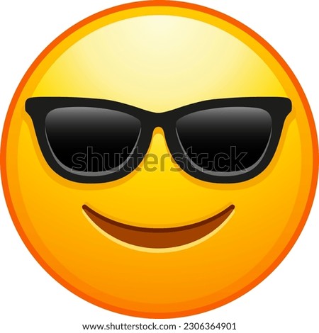 Top quality emoticon. Cool emoticon. Smiling face with sunglasses emoji. Happy smile person wearing dark glasses. Yellow face emoji. Popular element.