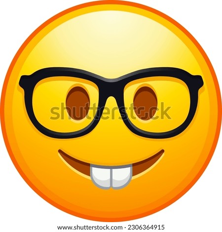 Top quality emoticon. Nerd emoji. Emoticon with transparent glasses, funny yellow face with black-rimmed eyeglasses.