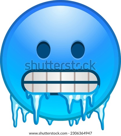 Cold emoji. Freezing emoticon, icy blue face with gritted teeth, icicles and snow cap