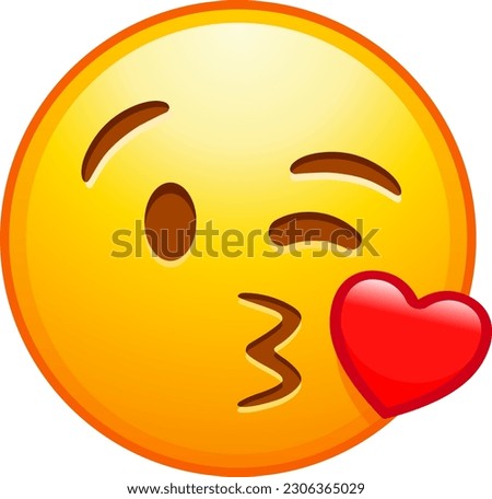 Top quality emoticon. Kiss emoji. Love emoticon with lips blowing a kiss, winking yellow face with red. Yellow face emoji. Popular element. WhatsApp. iOS. Emoji from Telegram app. twitter