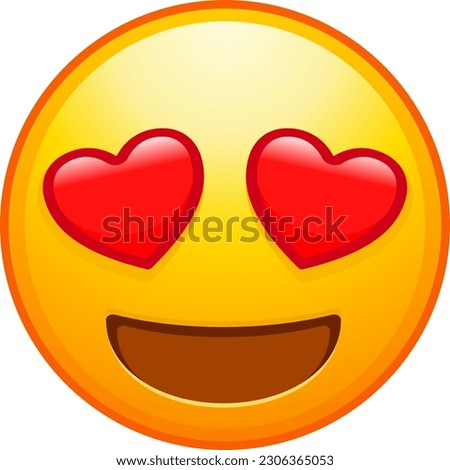 Top quality emoticon. Emoji with heart shaped eyes. In love emoticon, yellow face with heart-eyes and open smile. Yellow face emoji element. WhatsApp. iOS. Emoji from Telegram app.