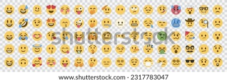 Set of yellow faces. Funny faces. On transparent background.