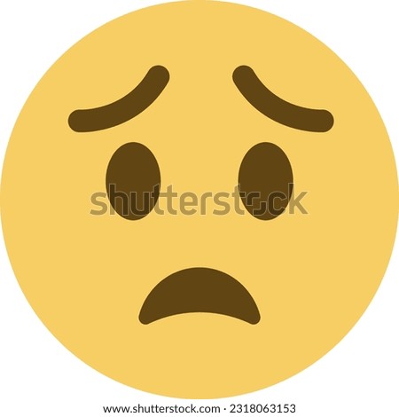 Worried Face emoji vector icon. A yellow face with open eyes, raised or furrowed eyebrows, and a broad frown.