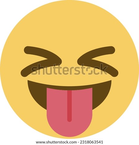 Top quality emoticon. Taunting emoji. Squinting face, grin with tongue out and scrunched eyes. Yellow face emoji. Popular element.