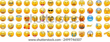 Set of yellow emoji and emoticon faces in vector graphic format on a transparent background. This collection represents a variety of emotions and expressions, perfect for digital designs and social me