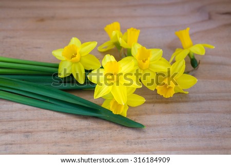 A stunning bunch of daffodils nicely placed on an antique, wooden board. Plenty of room for writing on this horizontal format. Different and simple for many various ideas and concepts.
