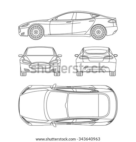 Car line draw blueprint front four view side top back all