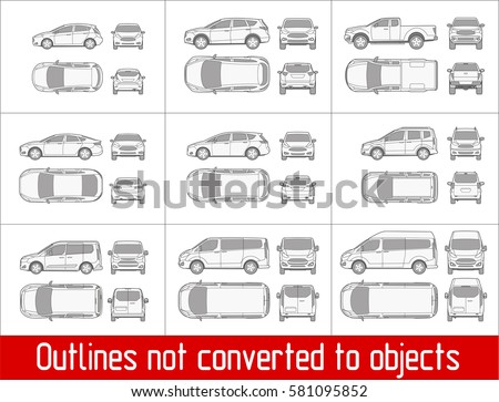 car sedan and suv and van all view drawing outlines not converted to objects