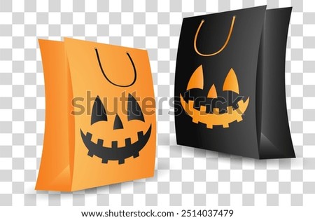 Two Halloween-themed shopping bags, one orange and one black, featuring jack-o-lantern faces. Presented on a transparent checkered background. Concept of Halloween shopping. Vector illustration