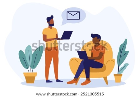 Two people with laptops in a home office setting, one standing and the other sitting. Minimalist design with plants in the background. Concept of remote work and online collaboration. Vector