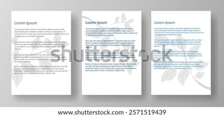 Three A4 letter mockup templates featuring lorem ipsum text and a floral watermark. The documents are displayed on a light gray background. Concept of document layout design. Vector illustration