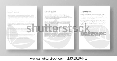 Three A4 letter mockup templates featuring lorem ipsum text and a floral watermark. The documents are displayed on a light gray background. Concept of document layout design. Vector illustration