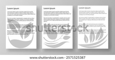 Three A4 letter mockup templates featuring lorem ipsum text and a floral watermark. The documents are displayed on a light gray background. Concept of document layout design. Vector illustration