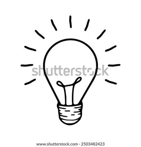 A classic black and white outline of a lightbulb with stylized rays extending outward.