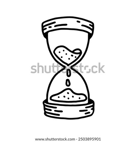 A simple black and white hand-drawn illustration of an hourglass with sand falling from the top to the bottom.