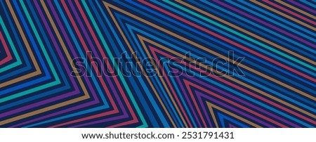 Abstract pattern of geometric symphony. Bold diagonal lines intersect, forming intricate patterns of vibrant, multi-colored stripes on a deep blue background.