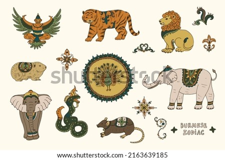 Burmese zodiac signs animals vector illustrations set