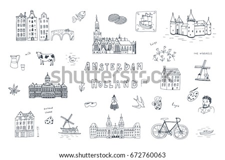 Amsterdam Holland city doodle objects cartoon vector city illustrations set
