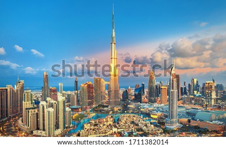 Dubai - amazing city center skyline with luxury skyscrapers, United Arab Emirates
