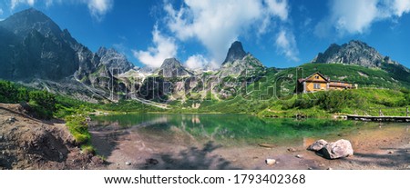 High Tatras and the Zelene Pleso (Green lake) with the Belianske Tatry behind,( Chata pri Zelenom Plese) Slovakia Stok fotoğraf © 