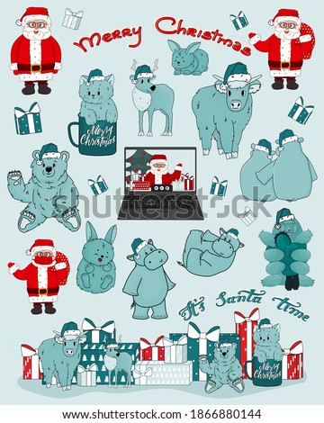 Christmas set of Santa Claus, bear, hippo, cow, kitten, deer, New Year gifts, laptop, video call, mask, tardigrade, rabbit in blue, red, white colors