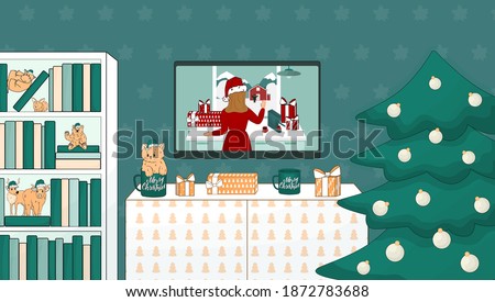 Room wall with TV, bookcase, tree and Christmas decorations. Toy hippo, bull, deer, hare, cat and other gifts for the New Year