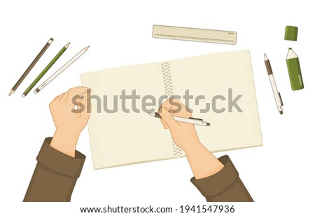 Exercise book or notebook for summary notes, pen pencil marker, ruler are on table. Human starts writing something, hands are shown. White pen is in right hand. Elements are isolated white background
