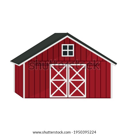 Vector doodle cartoon single red wooden barn house with triangular gray roof, window and doors with crossed white boards. Outline isolated hand drawn illustration on white background