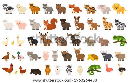 Big bundle of 50 funny domestic, farm, forest, wild animals, birds in flat style. Colorful vector illustration of collection of cute cartoon characters isolated on white background for children's book