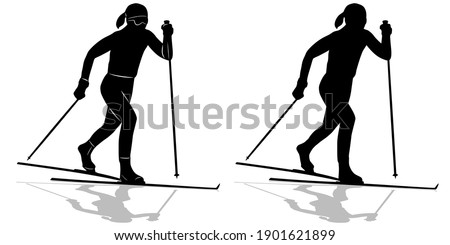 isolated silhouette of a cross - country skiing, black and white drawing, white background