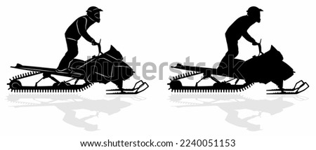 isolated silhouette of a rider on a snowmobile , black and white drawing, white background