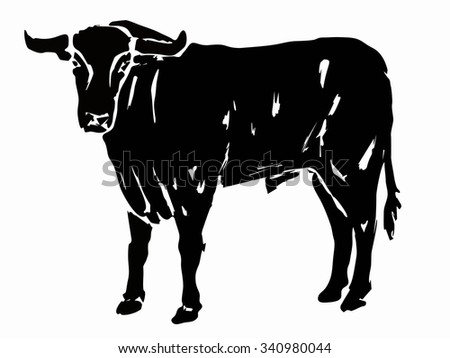 Isolated Silhouette Of A Bull, Black And White Sketch, White Background 