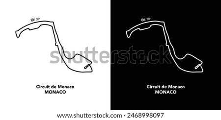 Circuit de Monaco for autosport and motorsport. Isolated editable vector illustration on white and black background