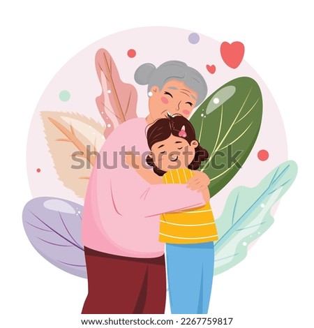 Illustration with a grandmother and granddaughter embracing. Family visit, family union concept illustration.