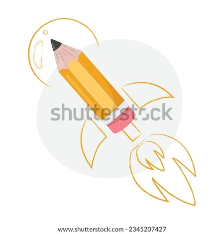 Vector illustration of a yellow pencil as a rocket. Idea, creativity, start up, school, education concept
