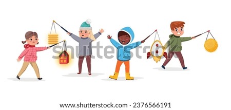 Illustration of  diverse children walking for Saint Martin day with lantern
