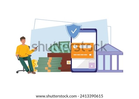 Illustration of secure money transfers with a young man sitting in the office chair and using mobile application for it. Big cellphone, bank building, money, wallet on the background