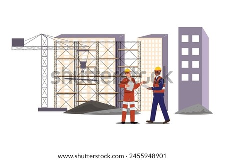 Engineers in protective helmet and construction uniform inspecting construction sites, against a backdrop of a building with a towering crane