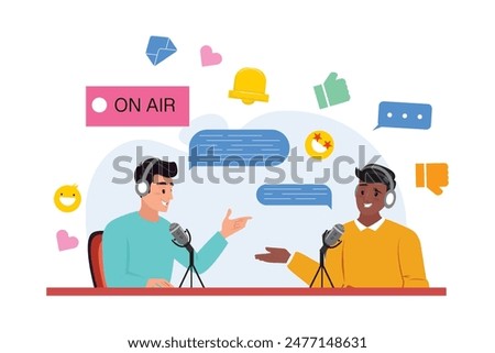 Two men hosting a live podcast. Both are wearing headphones and speaking into microphones, surrounded with social media icons, including hearts, thumbs up, thumbs down, speech bubbles, emoji