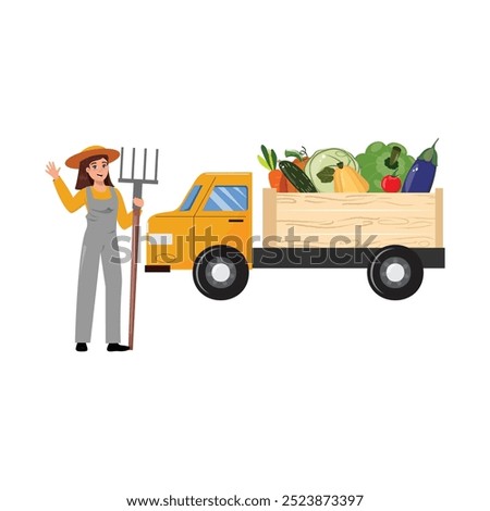 Female farmer with fork beside yellow truck loaded with vegetables, isolated illustration