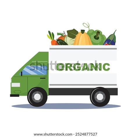 Green truck labeled Organic loaded with fresh vegetables, perfect for farm delivery