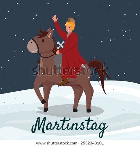 St. Martins Day illustration with a man on horseback in winter, holding a sword, snowy background