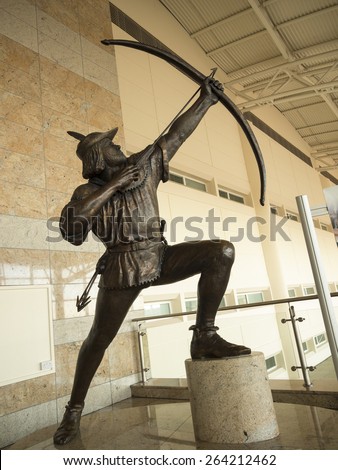 A statue of folk hero Robin Hood in  Doncaster Robin Hood Airport, Yorkshire, Britain. taken 06/12/2014