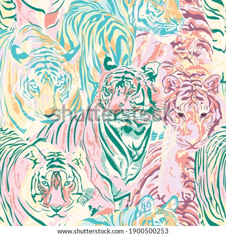 Animal Tigers Art Pastel Color Seamless Pattern, Animals wildlife Vector illustration Background Wallpaper,Safari Wildlife 