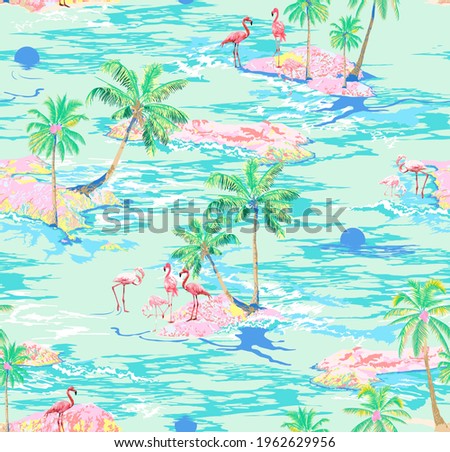 Flamingo Island Seamless Pattern On Green Pastel Background Color  With Palm,Sunset 