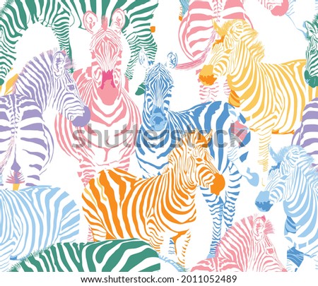Zebra Safari Animal Wildlife Vector Seamless Pattern On White Background Colour, Zebra Colourful Print illustration 