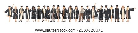 A group of international happy students in academic gowns, gowns and academic caps. Set of people. High school graduation. Flat vector illustration isolated on white background