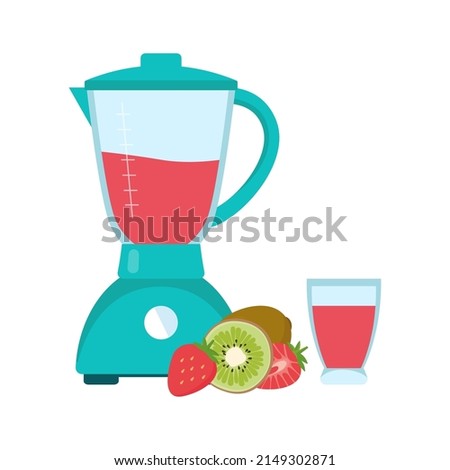 Electric blender or mixer with strawberries and kiwi and smoothies in a glass. Healthy eating and healthy breakfast concept. Vector flat illustration in cartoon style isolated on white background