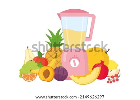 Electric blender, mixer or food processor with assorted fruits. Vector flat illustration in cartoon style isolated on white background