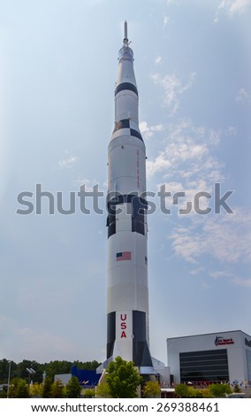 HUNTSVILLE, ALABAMA - AUGUST 15 2010: Saturn V rocket.  The three-stage vehicle was developed to support the Apollo program for human exploration of the Moon.